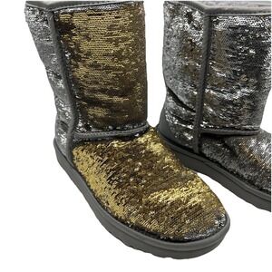 UGG Classic Short Cosmos Sequin Silver Gold Sheepskin Boots‎ Size US 7 Women's